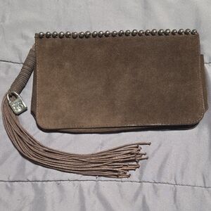 UNO de 50 Brown Vintage Suede Leather Clutch with Tassel and Beaded Trim